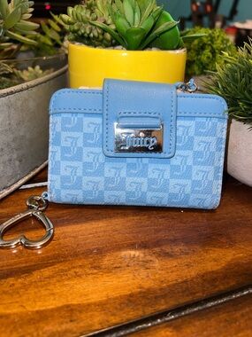 Juicy Couture Light Blue Monogram Card Wallet with Heart Keychain